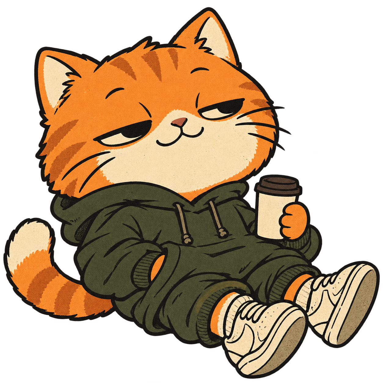 An unbothered orange cat in a green hoodie, lounging with a takeaway coffee.